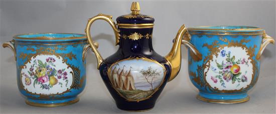 Two Sevres style porcelain wine coolers and a coffee pot and cover, 19th century, 16.5cm, 16cm, damage to coffee pot